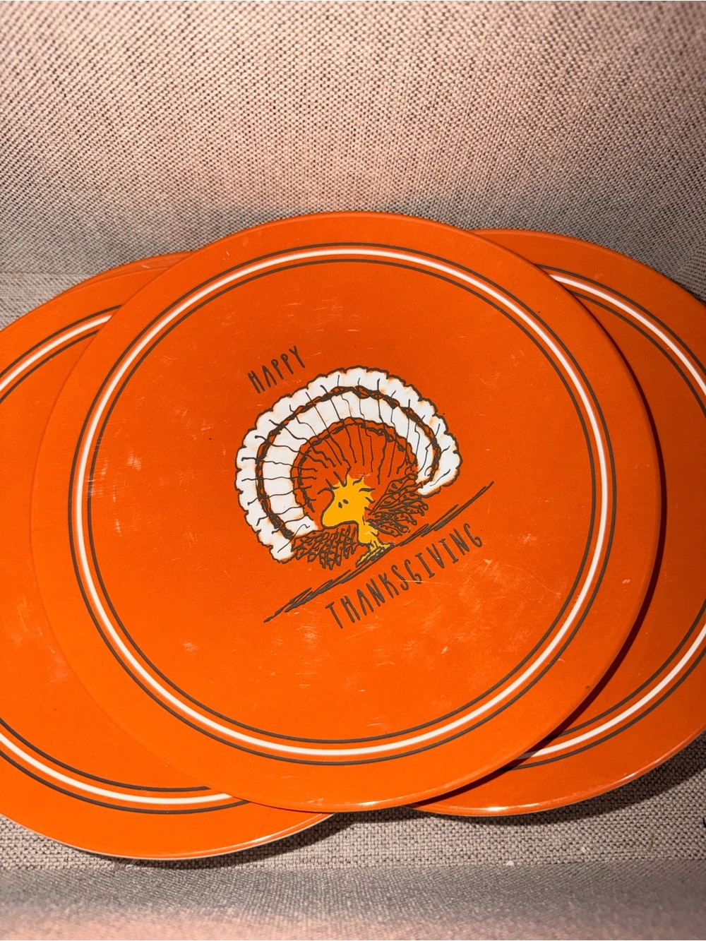 Set of 4 Pottery Barn Kids Peanuts Woodstock Thanksgiving Melamine Plates
